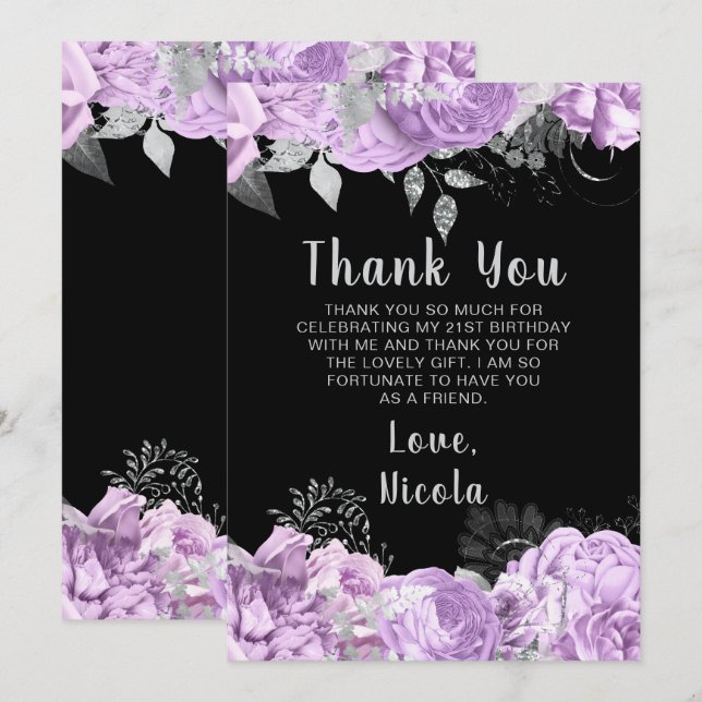 Elegant Lilac and Silver Flowers Birthday Party Thank You Card (Front/Back)