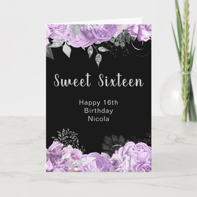 Elegant Lilac and Silver Flowers Sweet Sixteen Card (Front)