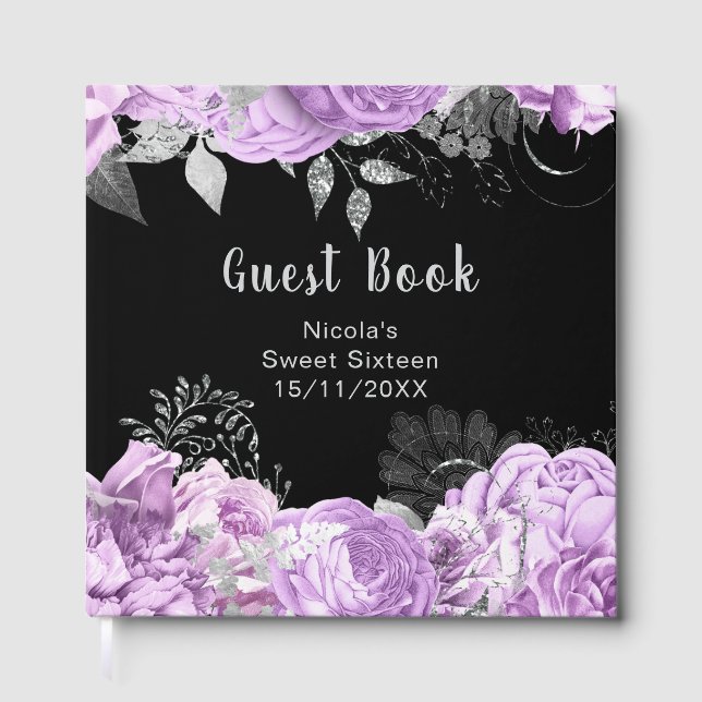 Elegant Lilac and Silver Flowers Sweet Sixteen Guest Book (Front)