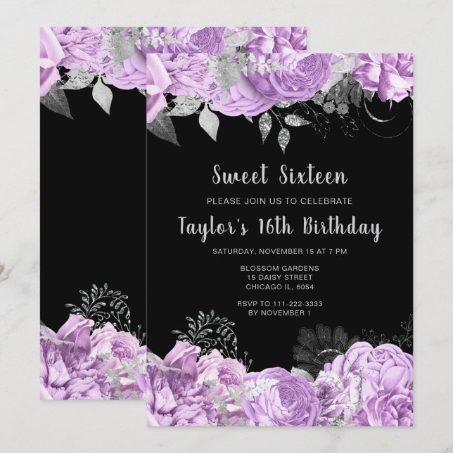 Elegant Lilac and Silver Flowers Sweet Sixteen Invitation (Front/Back)
