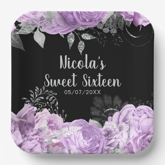 Elegant Lilac and Silver Flowers Sweet Sixteen Paper Plate (Front)