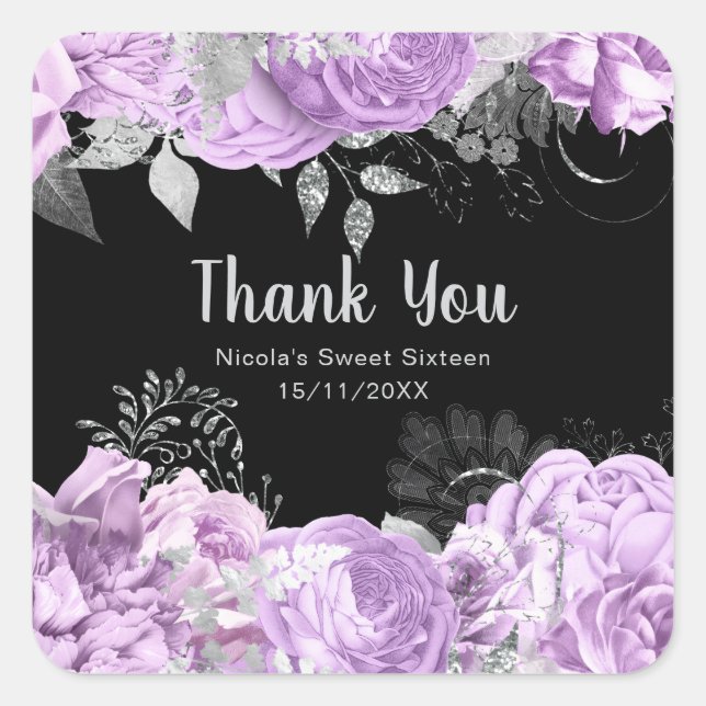 Elegant Lilac and Silver Flowers Sweet Sixteen Square Sticker (Front)