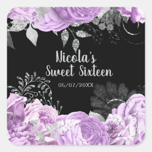 Elegant Lilac and Silver Flowers Sweet Sixteen Square Sticker