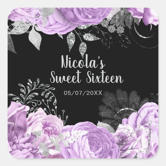 Elegant Lilac and Silver Flowers Sweet Sixteen Square Sticker (Front)