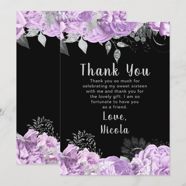 Elegant Lilac and Silver Flowers Sweet Sixteen Thank You Card (Front/Back)