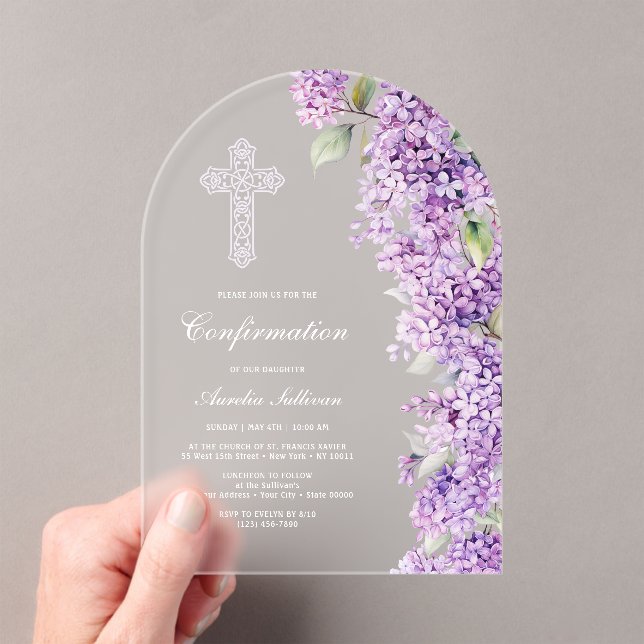 Elegant Lilac Arch Confirmation Acrylic Invitations (Insitu (Handheld))
