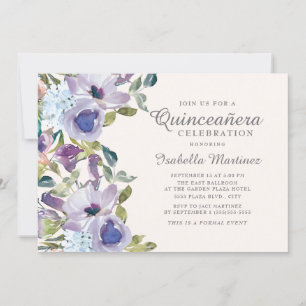 Elegant Lilac Blue Floral Horizontal Quinceañera Invitation