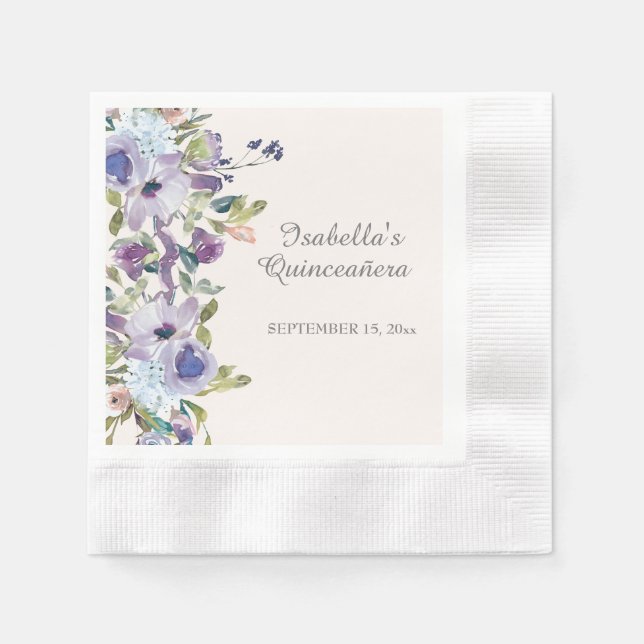 Elegant Lilac Blue Floral Horizontal Quinceañera  Napkin (Front)