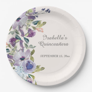 Elegant Lilac Blue Floral Horizontal Quinceañera  Paper Plate