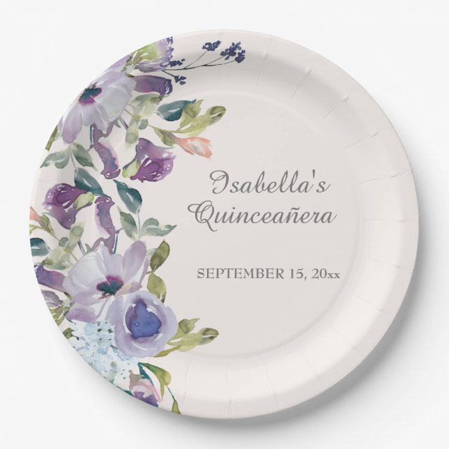 Elegant Lilac Blue Floral Horizontal Quinceañera  Paper Plate (Front)