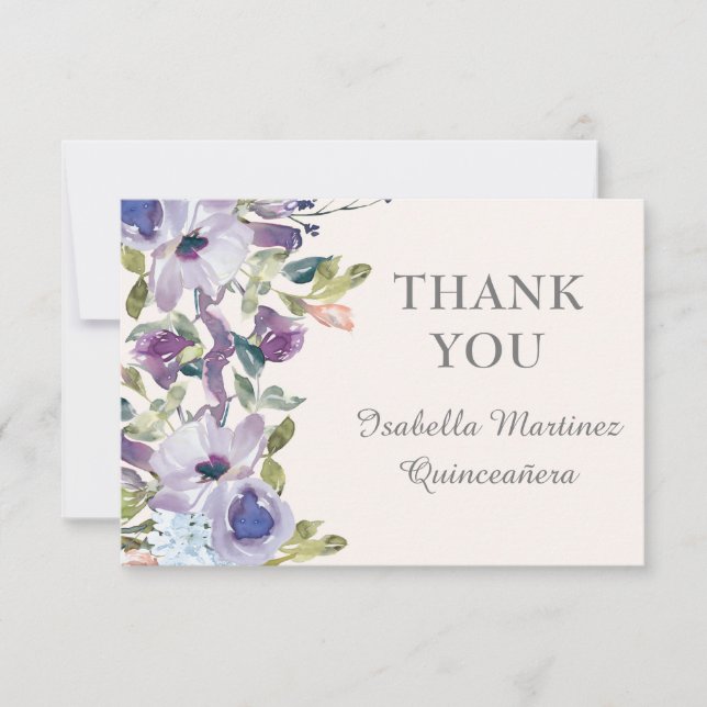 Elegant Lilac Blue Floral Horizontal Quinceañera  Thank You Card (Front)