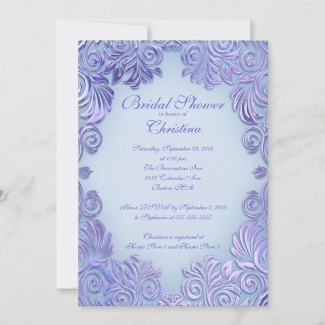 Elegant Lilac Blue Leaf Bridal Shower Invitations (Front)