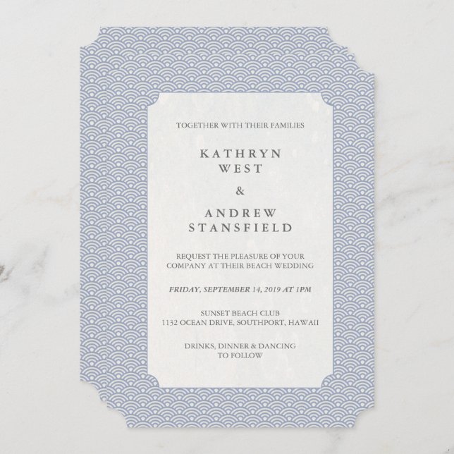 Elegant Lilac-Blue Stylised Waves Pattern Wedding Invitation (Front/Back)