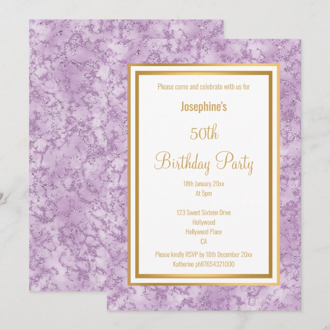 ELEGANT LILAC BORDER MARBLE  BIRTHDAY  INVITATION (Front/Back)