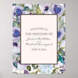 Elegant Lilac Dusty Blue Floral Wedding Welcome Poster
