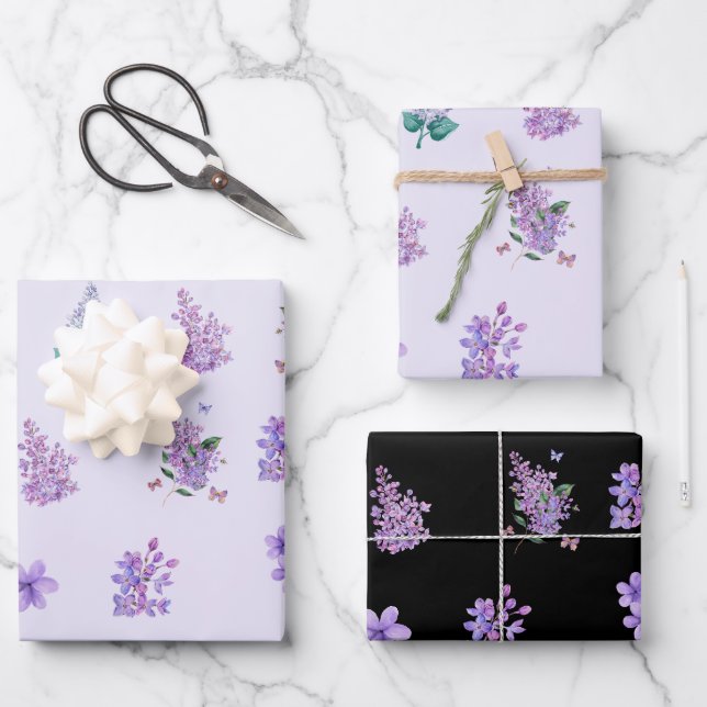 Elegant Lilac Flowers Black and Light Purple Wrapping Paper Sheet (Front)