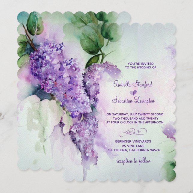 Elegant Lilac Flowers Wedding Invitations (Front/Back)