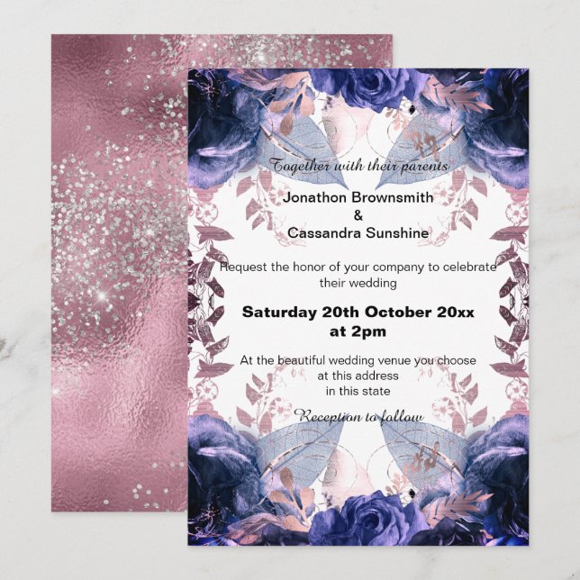 ELEGANT LILAC GLITTER FLORAL NAVY  WEDDING  INVITATION (Front/Back)