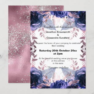 ELEGANT LILAC GLITTER FLORAL NAVY  WEDDING  INVITATION