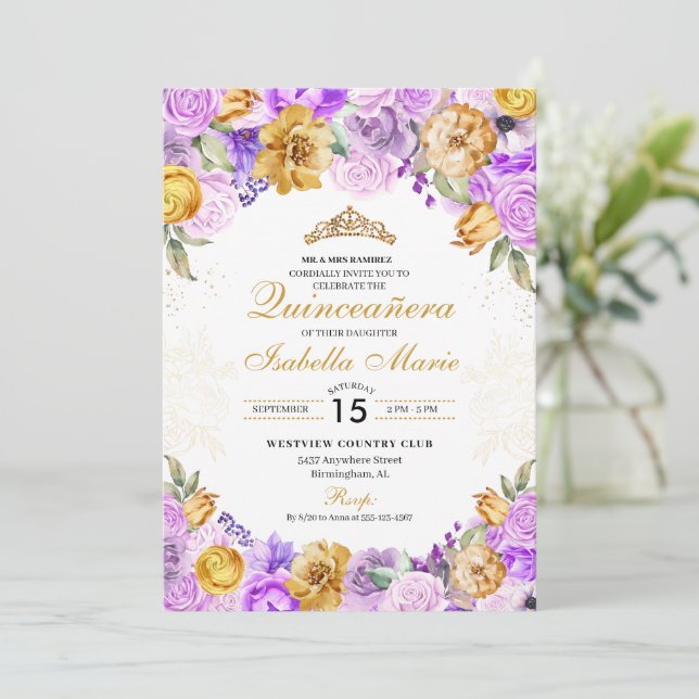 Elegant Lilac & Gold Floral Quinceanera Birthday Invitation (Standing Front)