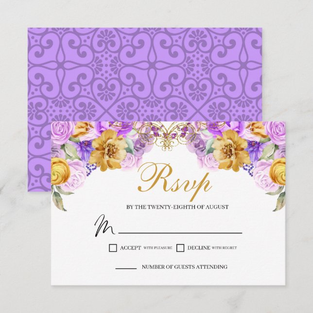 Elegant Lilac & Gold Floral RSVP Enclosure Card (Front/Back)