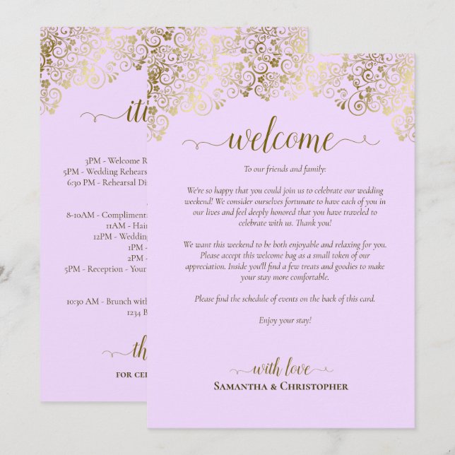 Elegant Lilac & Gold Wedding Welcome & Itinerary Programme (Front/Back)