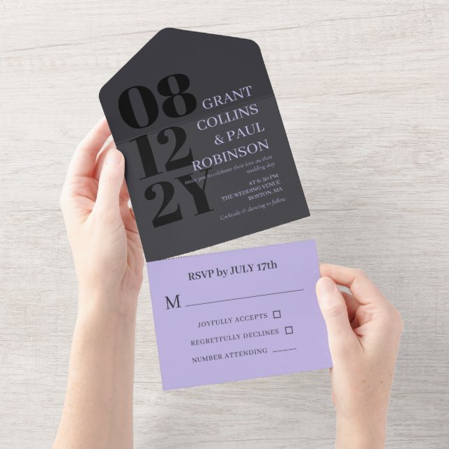 Elegant Lilac & Grey Typography Wedding All In One Invitation (Tearaway)