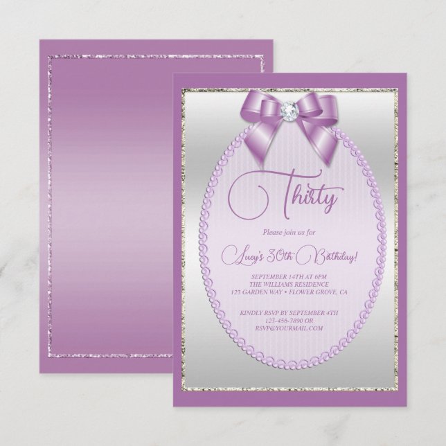 Elegant Lilac Jewel Bow Birthday Invitation (Front/Back)