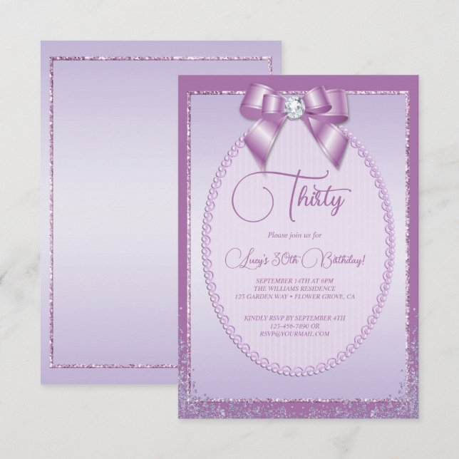 Elegant Lilac Jewel Bow & Glitter Birthday Invitation (Front/Back)