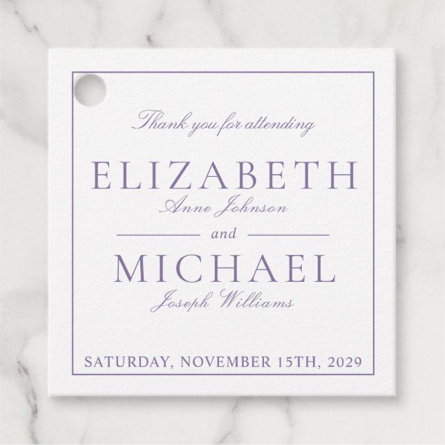 Elegant Lilac Lavender Classic Script Wedding Favo Favour Tags (Front)