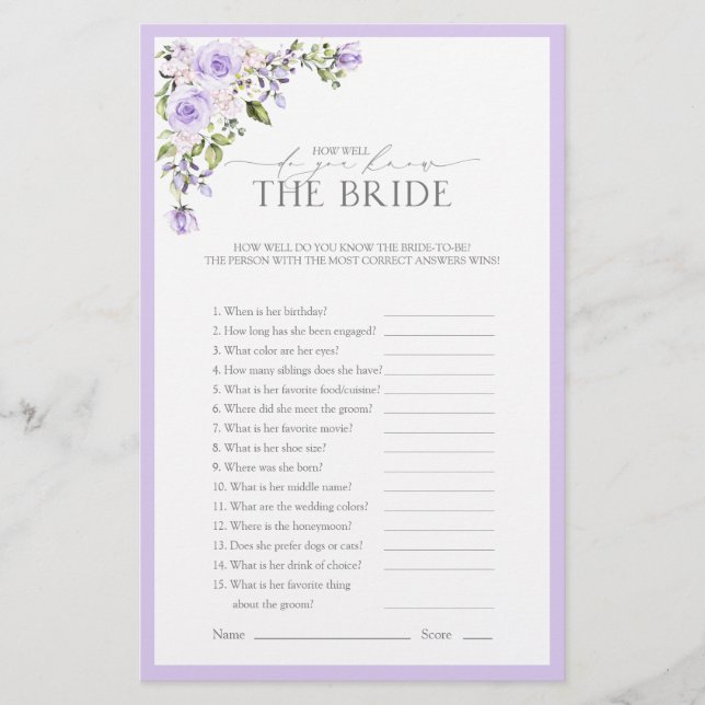 Elegant Lilac Lavender Floral Bridal Shower Game (Front)