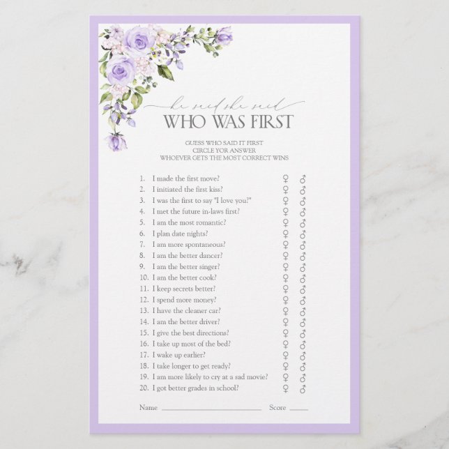 Elegant Lilac Lavender Floral Bridal Shower Game (Front)