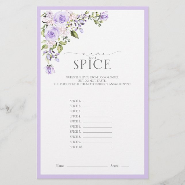 Elegant Lilac Lavender Floral Bridal Shower Game (Front)