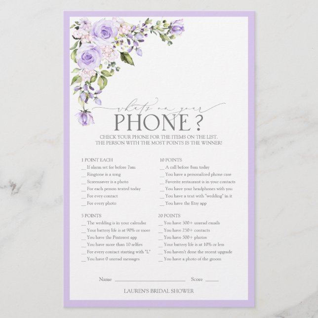 Elegant Lilac Lavender Floral Bridal Shower Game (Front)