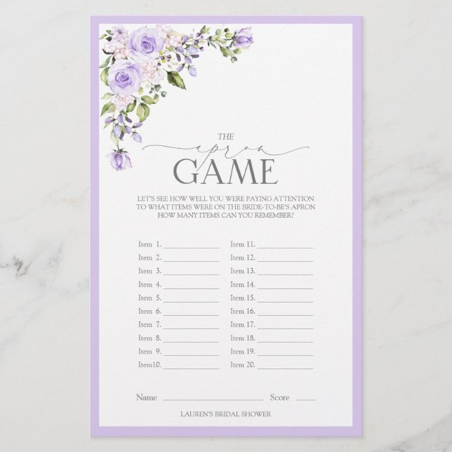 Elegant Lilac Lavender Floral Bridal Shower Game (Front)