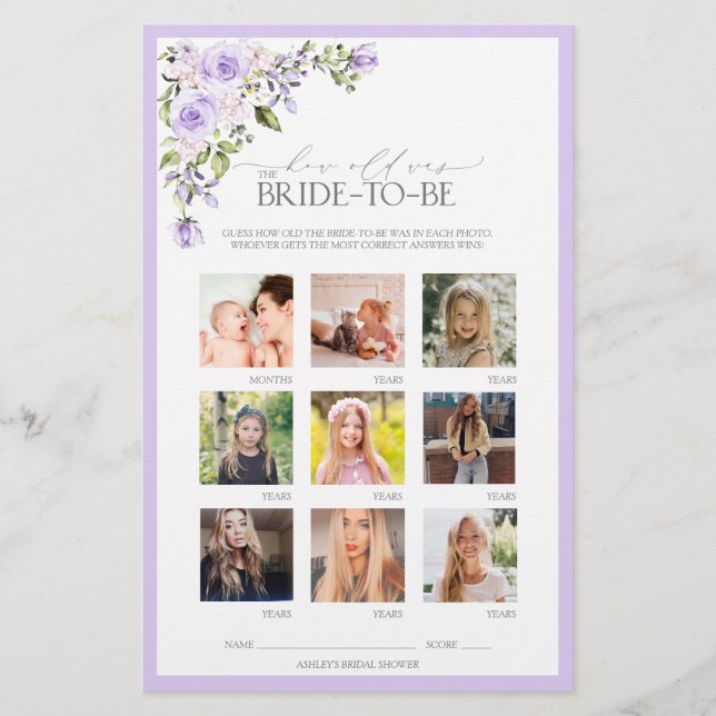 Elegant Lilac Lavender Floral Bridal Shower Game (Front)