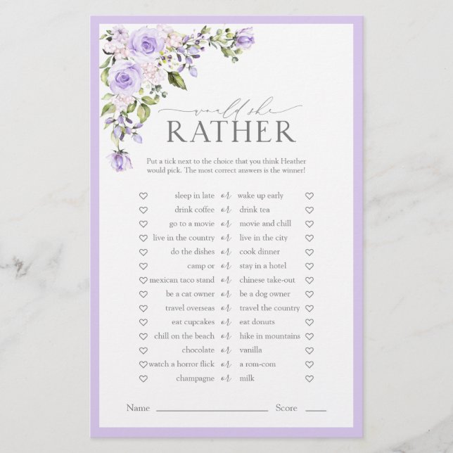 Elegant Lilac Lavender Floral Bridal Shower Game (Front)