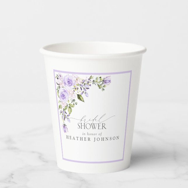Elegant Lilac Lavender Floral Bridal Shower Paper Cups (Front)