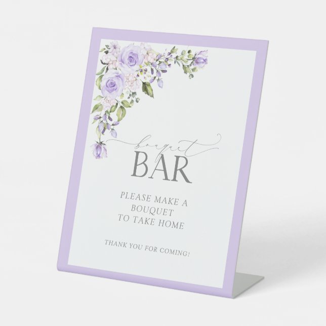 Elegant Lilac Lavender Floral Shower Bouquet Bar Pedestal Sign (Front)