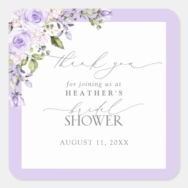 Elegant Lilac Lavender Floral Shower Thank You Square Sticker (Front)