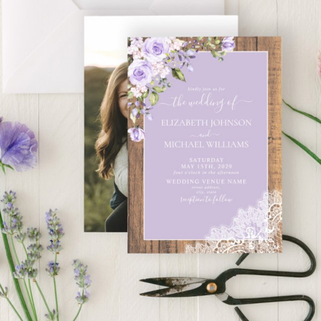 Elegant Lilac Lavender Rustic Lace Photo Wedding Invitation (Creator Uploaded)