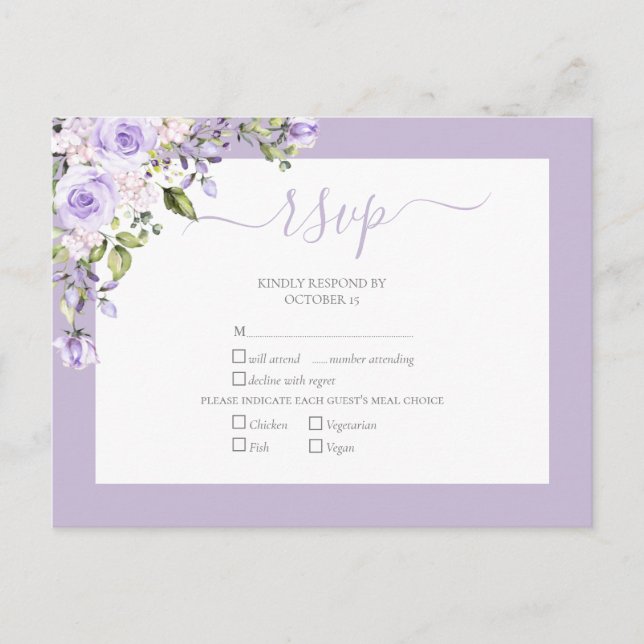 Elegant Lilac Lavender Rustic Lace Wedding RSVP Invitation Postcard (Front)