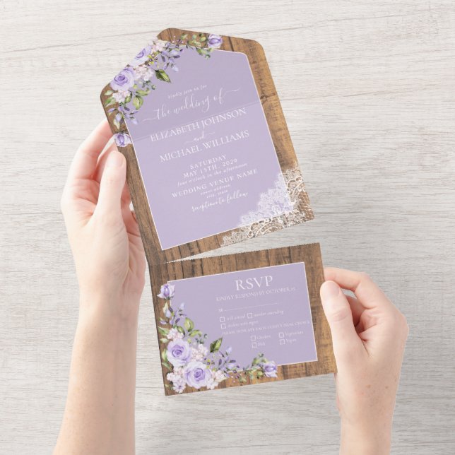 Elegant Lilac Lavender Rustic Wood Lace Wedding Al All In One Invitation (Tearaway)