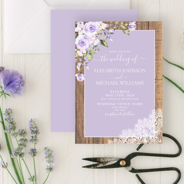 Elegant Lilac Lavender Rustic Wood Lace Wedding Invitation (Creator Uploaded)