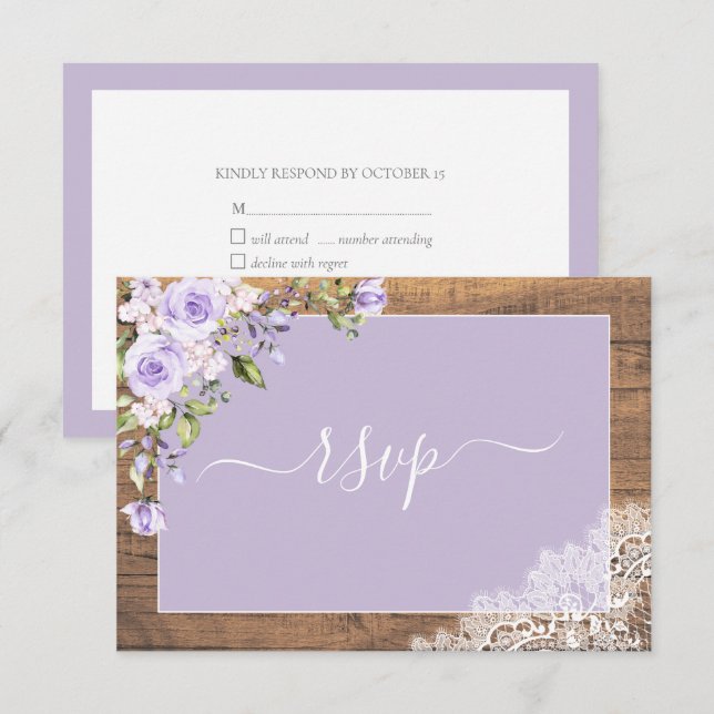 Elegant Lilac Lavender Rustic Wood Lace Wedding RSVP Card (Front/Back)
