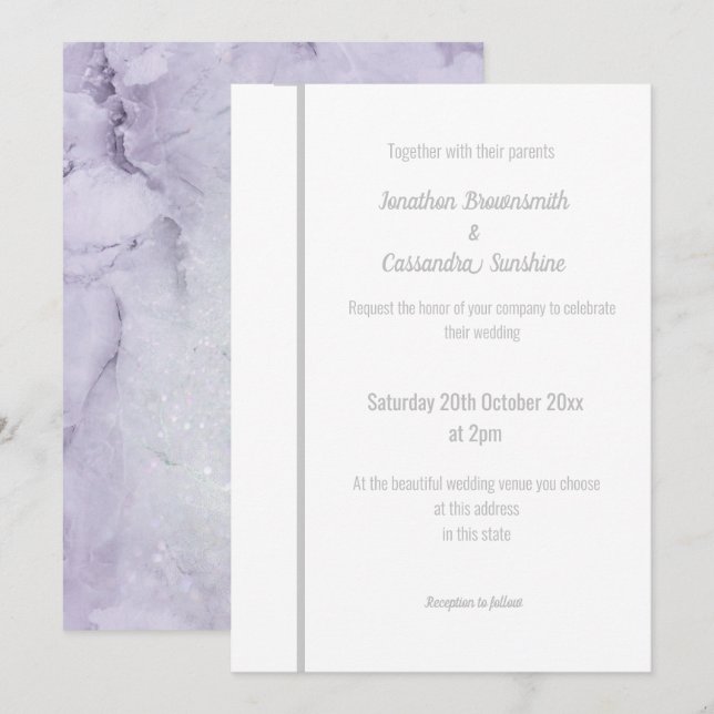 ELEGANT LILAC MARBLE SILVER WEDDING  INVITATION (Front/Back)