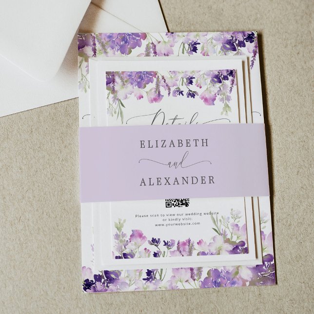 Elegant lilac minimalist calligraphy wedding invitation belly band (Creator Uploaded)