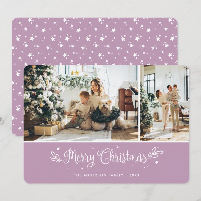 Elegant Lilac Modern 2 Photo Merry Christmas Card (Front/Back)