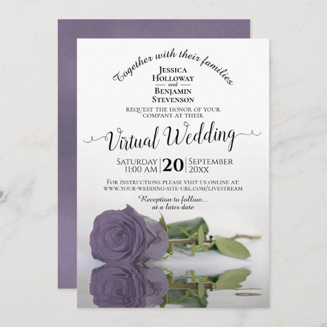 Elegant Lilac or Dusty Purple Rose Virtual Wedding Invitation (Front/Back)