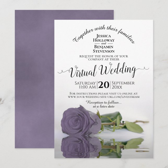 Elegant Lilac or Dusty Purple Rose Virtual Wedding Invitation (Front/Back)